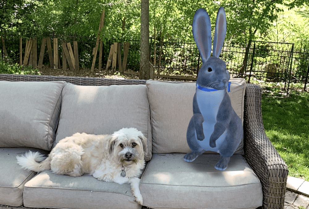 dog and Google 3D Easter Bunny