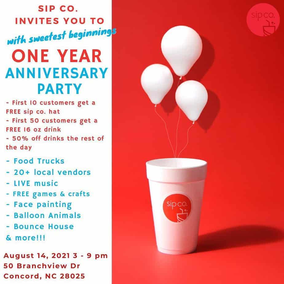 One Year Anniversary Party At Sip Co In Concord Aug 14 Charlotte On The Cheap