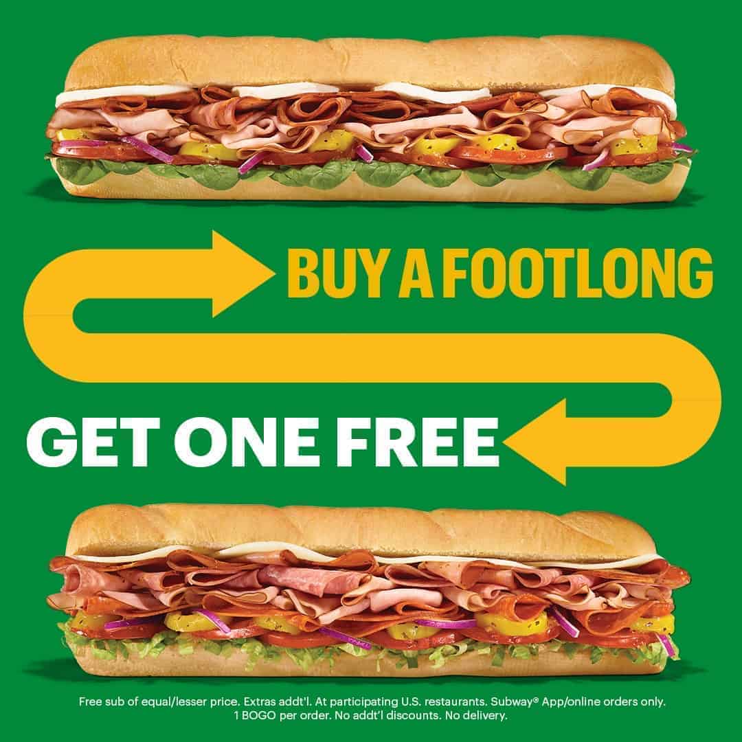 Subway Buy one get one Free Footlong Sub Charlotte On The Cheap