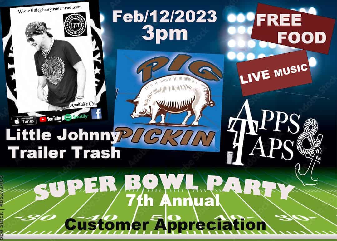 Super Bowl Party at Apps & Taps Mooresville - pig pickin', live music,  more - Charlotte On The Cheap