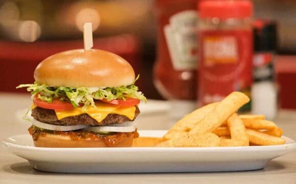 burger and fries on plate